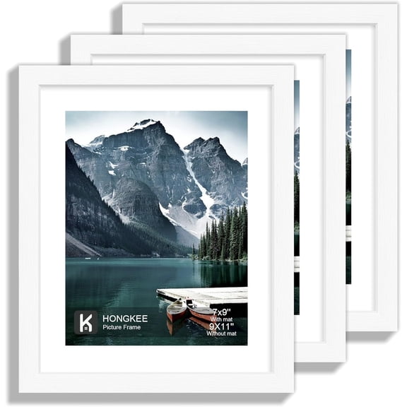 GDDPOD-9x11 Picture Frame with Real Glass - Display Pictures 7x9 with Mat or 9x11 without Mat, Photo Frame for Wall or Table Top Display(White, 3 Pack)
