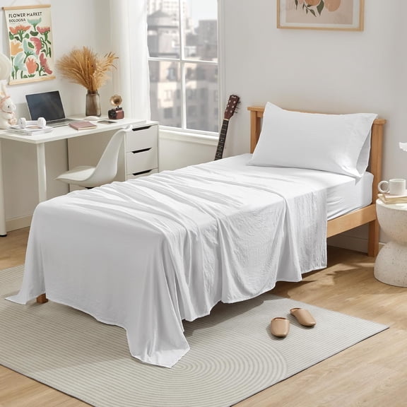 GDDPOD-Bed Sheets - Twin XL Sheet Sets - Washed Microfiber - 3 Piece Hotel Luxury Bedding Sheets with Fitted Sheet, Flat Sheet & 1 Pillowcases - Deep Pocket (White)