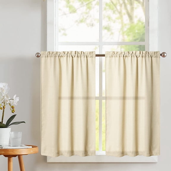 GDDPOD-Beige Kitchen Curtains 45 Inch Length Casual Weave Textured Cafe Curtains Semi Sheer Short Drapes for Bathroom Bedroom Tier Drapes Rod Pocket Half Window Treatments 2 Panels
