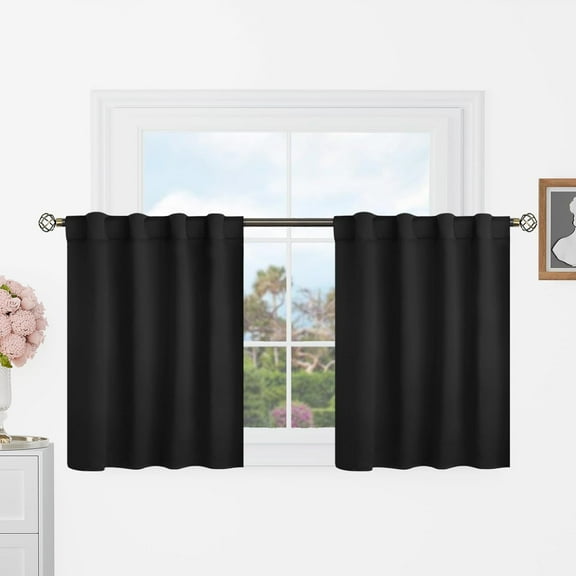 GDDPOD-Cafe Curtains 24 Inch Length for Half Window - 34 x 24 inch Short Black Out Curtains Privacy Thermal Insulated Rod Pocket and Back Tab Small Drapes for Kitchen/Bathroom, 2 Panels, Black