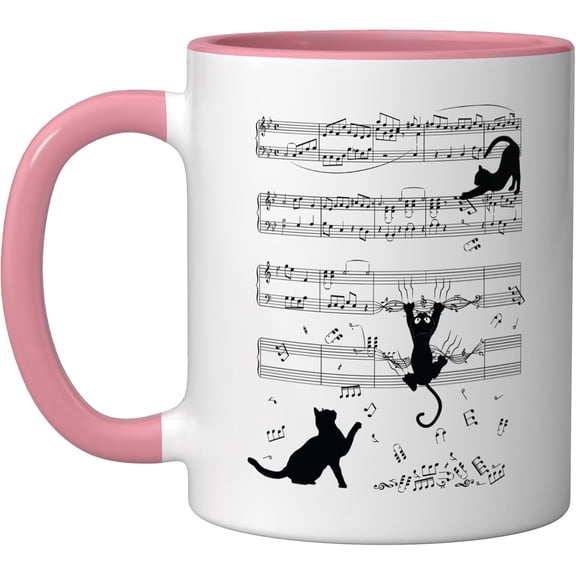 GDDPOD-Cats Playing With Music Notes on Sheet of Music Ceramic Mug, Pink/White