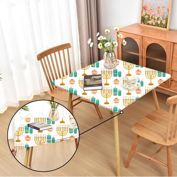 GDDPOD-Chanukah Table Cloths Fitted Cloth Tablecloths with ElasticWashable Spandex Fabric Card Table Cover Picnic Dining Party Candles and Donuts 42 x 42 Inch Square