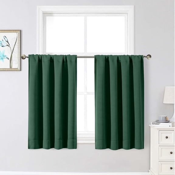 GDDPOD-Ever Green Cafe Blackout Curtains 36 Inch Length 2 Panels Set, Soft Solid Thermal Insulated Room Darkening Small Window Curtains for Kitchen Bathroom Basement, Ever Green, Each, 40" Wx36 L