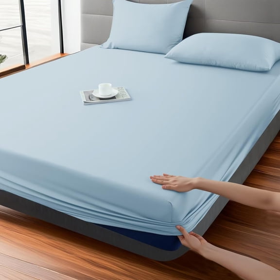 GDDPOD-Fitted Sheet 1 Pcs King Size Only Viscose Derived from Bamboo,400 Thread Count 16" Deep Pocket,Bottom Sheet Soft & Silky & Breathable(1Pack, Sky Blue, King)