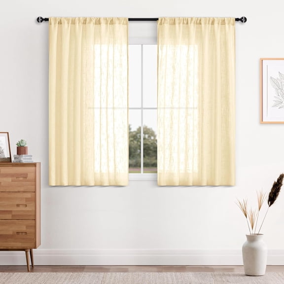 GDDPOD-Flax Linen Sheer Curtains Semitransparent Window Panels Rod Pocket Living Room Voile Sheer Curtains Light Glare Filtering, Set of 2, Light Beige, 52 x 45 Inches