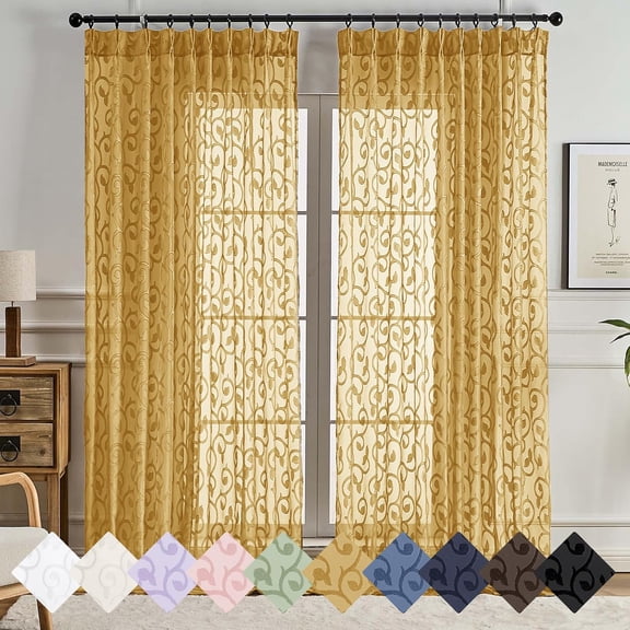 GDDPOD-Furman Gold Pinch Pleated Sheer Curtains 96 Inches Long for Bedroom Living Room, Modern Jacquard Light Filtering Window Curtains, Soft Semi Sheer Window Treatments, Gold, Each 60x96 Inch