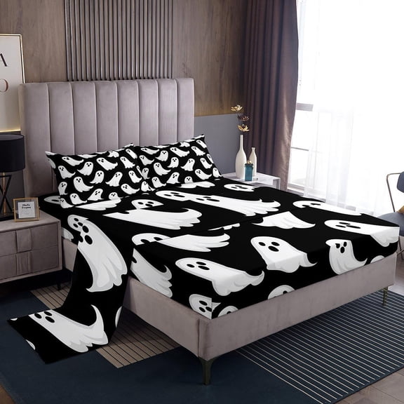 GDDPOD-Happy Halloween Bed Sheets Set Twin Size Cute Ghost Bed Set for Kids Boys Girls Black White Deep Pocket Fitted Sheet Witchcraft Breathable Soft Lightweight Microfiber