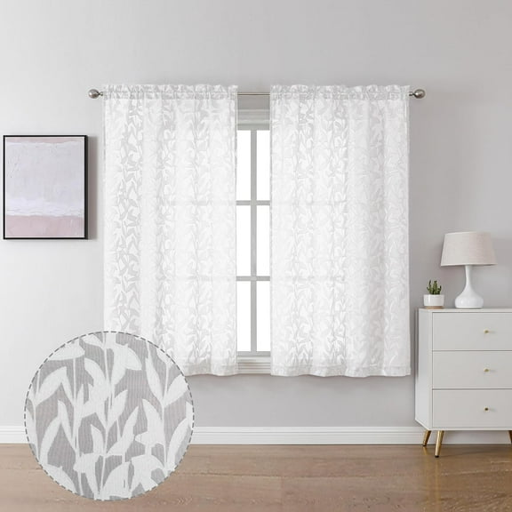 GDDPOD-Leia Short White Sheer Curtains 45 Inch Length 2 Panels, Balance Light & Privacy Clip Texture Small Window Curtain for Bedroom, Dual Rod Pockets Basement/Living Room/Kitchen Drapes, 38W x 45L