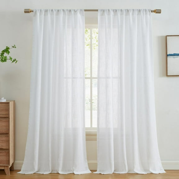 GDDPOD-Linda Faux Linen Textured Semi Sheer Privacy Sun Light Filtering Transparent Window Rod Pocket Short Thick Curtains Drapery Panels for Kitchen & Bathroom, 2 Panels (54 W x 63 L, White)
