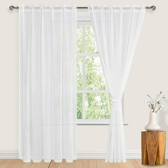 GDDPOD-Linen Sheer Curtains 84 inch Length 2 Panels Set with Tiebacks, Rod Pocket Privacy Light Filtering Textured Semi Sheer Drapes for Living Room/BedroomW 38 x L 84, Off-White