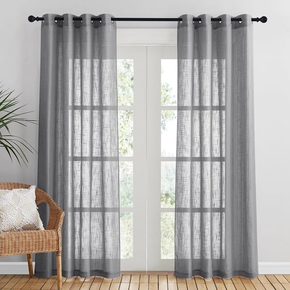 GDDPOD-Living Room Sheer Curtain 84 inch Long, Grommet Faux Linen Privacy with Light Filtering Semi Sheer Panels Vertical Drapes for Hall/Villa/Cottage, Grey, W52'' x L84'', 1 Panel