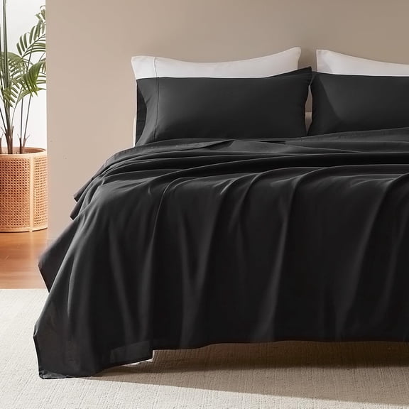 GDDPOD-Nanotex Super Soft Cooling Full Size Bed Sheets Set 4 Piece - Easy Care Fitted Flat Sheet & Pillowcase Sets - Wrinkle Free, Fade Resistant, Deep Pocket 16" (Black, Full)