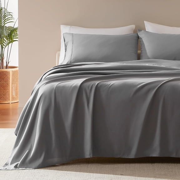 GDDPOD-Nanotex Super Soft Cooling Twin Bed Sheets Set for Kids 3 Piece - Easy Care Fitted Flat Sheet & Pillowcase Sets - Wrinkle Free, Fade Resistant, Deep Pocket 16" (Gull Gray, Twin)