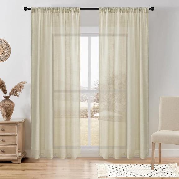 GDDPOD-Natural Linen Sheer Curtains Textured Weave Semi Sheer Curtains for Living Room Rod Pocket, Set of 2, Natural, 52 x 96 Inches