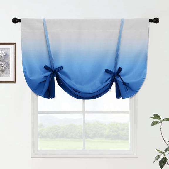 GDDPOD-Ombre Room Darkening Tie Up Curtains-Gradient Blue to Grey White Light Blocking Thermal Insulated Window Shades for Living Room Rod Pocket Balloon Curtain for Kitchen W42 X L48 Inches,1 Panel