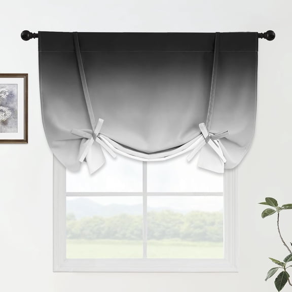 GDDPOD-Ombre Thermal Insulated Tie Up Curtains for Small Windows Gradient Black to Grey White Blackout Room Darkening Shades for Bedroom Kitchen Rod Pocket Balloon Curtain W42 X L48 Inches, 1 Panel
