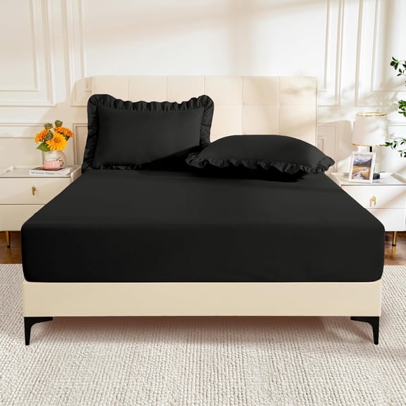 GDDPOD-Queen Fitted Sheet with 2 Ruffle Pillowcases, Brushed Microfiber Fitted Bed Sheets with 16 Inches Deep Pocket, Comfy Breathable Bed Sheets, Black (No Flat Sheet)