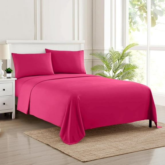 GDDPOD-RV Short Queen Sheet Set with Built-In Sheet Straps - Deep Pocket Recreational Vehicle Camper Size Fitted Sheet, Flat Sheet & Pillowcases - Soft, Wrinkle-Free, Secure Fit - Fuschia