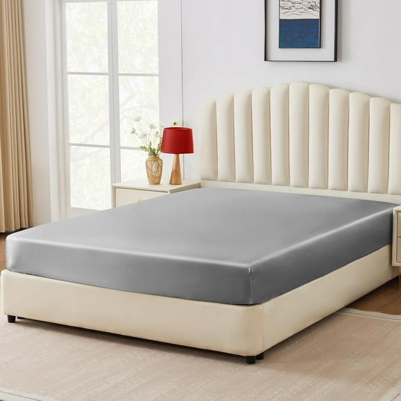 GDDPOD-Satin Fitted Sheet Full Size, Light Grey Silky Satin Bed Fitted Sheet Only with Silky Microfiber, Deep Pocket, Single Bottom Sheet Sold Separately, Breathable, Smooth and Soft