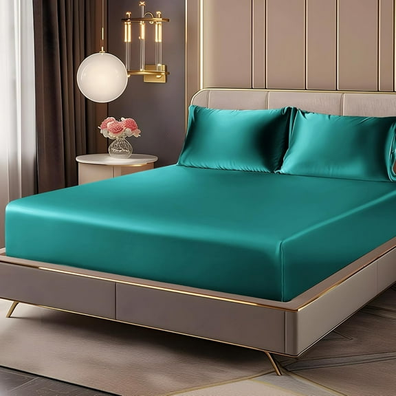 GDDPOD-Satin Fitted Sheet and Pillowcases Set, Luxury Soft Similar to Silk Bottom Bedsheet with Elastic Corner Straps, Deep Pocket up to 15 Inch, 1 Fitted Sheet and 2 Pillowcases(Full, Teal)