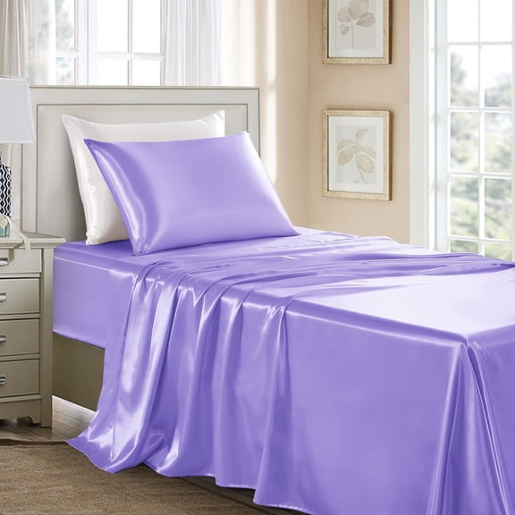 GDDPOD-Satin Sheets Twin Size - 3 Pieces Luxury Silky Soft Bed Sheets for Kids, Wrinkle-Free Lavender Satin Silk Sheet Set with 1 Deep Pocket Fitted Sheet, 1 Flat Sheet, 1 Pillow case