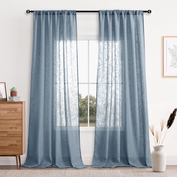 GDDPOD-Semi Sheer Curtains Linen Textured Weave Rod Pocket Living Room Voile Sheer Curtains Light Glare Filtering, Set of 2, Dusty Blue, 52 x 96 Inches