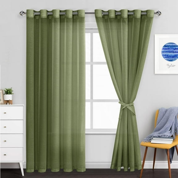 GDDPOD-Semi Sheer Curtains for Living Room - 84 inches Extra Long with Tiebacks Light Filtering Grommet Window Curtains for Bedroom/Office, 60Wx 84L, Set of 2 Panels,Olive Green