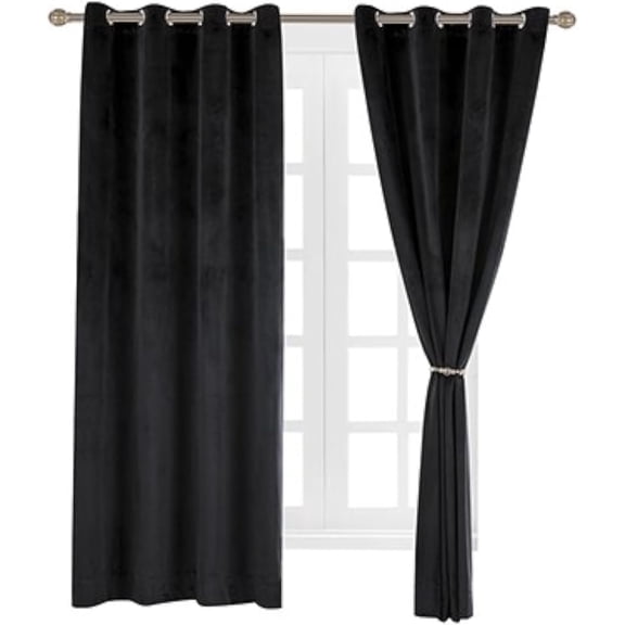 GDDPOD-Set of 2 Velvet Thermal Blackout Curtain Panel Drapes Grommet Draperies Eyelet 52Wx84L inch Black(2 Panels) Theater| Bedroom| Living Room| Hotel