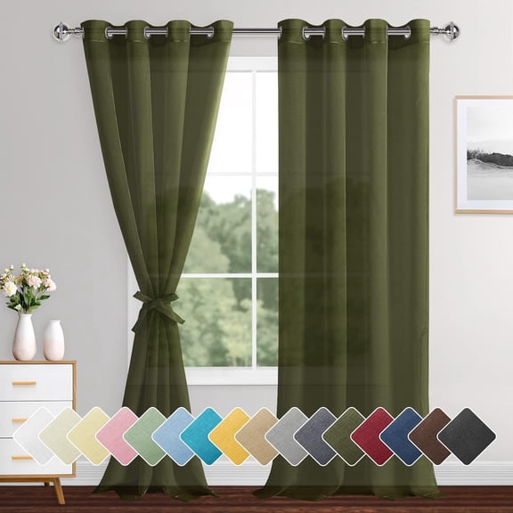 GDDPOD-Sheer Curtains 95 Inches Long for Living Room with Tiebacks, Soft & Lightweight Grommet Voile Window Curtains for Bedroom, Kitchen, Basement, Olive Green, Set of 2 Panels, 52 x 95 Inches Long