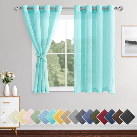 GDDPOD-Sheer Curtains, Soft & Lightweight Faux Linen Grommet Window Curtains for Short Windows, Living Room, Kids' Room, Kitchen with Tiebacks, Mint Green, 52 x 54 Inches Length Set of 2 Panels