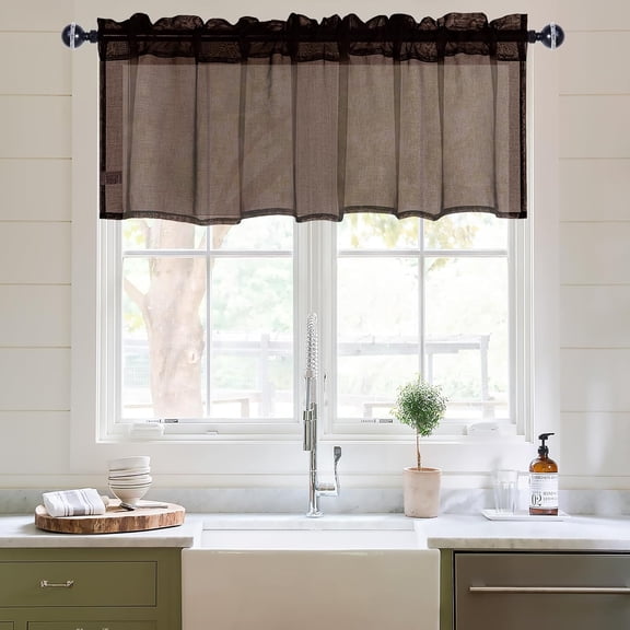 GDDPOD-Sheer Valance, Semi Vole Curtain Valance for Cafe, Bedroom, Basement, Rod Pocket Linen Look Drapes, 1 Panel, Brown, 42 by 18 Inches Long
