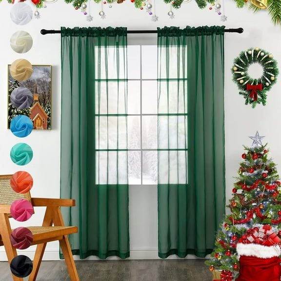 GDDPOD-Solid Sheer Rod Pocket Curtain Voile Draperies 2 Panels White Beige Black Grey Coffee 52 Inch Width 84 Inch Long 1 Pair for Kitchen Bedroom Children Living Room Yard (Foliage Green,52W84L)