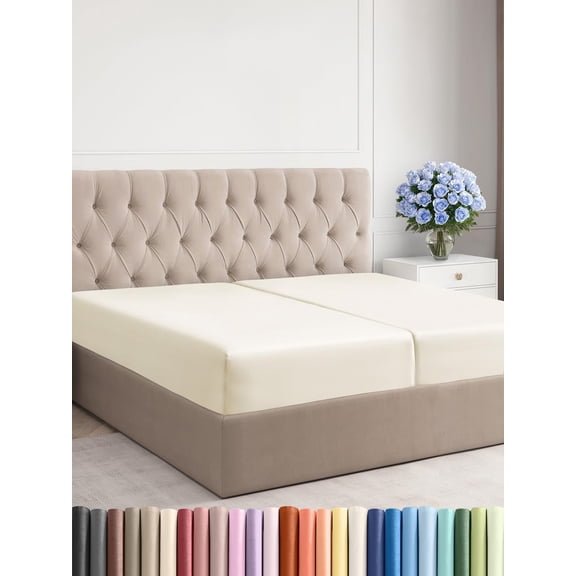 GDDPOD-Split King Fitted Bed Sheet - Bottom Single Fitted Sheet Only - Ultra-Soft Hotel Luxury Bedding w/ 8-16 Inch Deep Pockets - Breathable & Wrinkle Free - Easy-Care, Fade & Shrink Resistant - Off