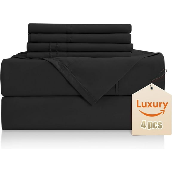 GDDPOD-Twin XL Sheet Set,Luxury Silky Soft 4 Piece Bed Sheet Set Fits 16 inch Deep Pocket Mattresses, Wrinkle Free & Breathable Cooling Machine Washable Hotel Bedding Sheets Twin XL Size (Black)