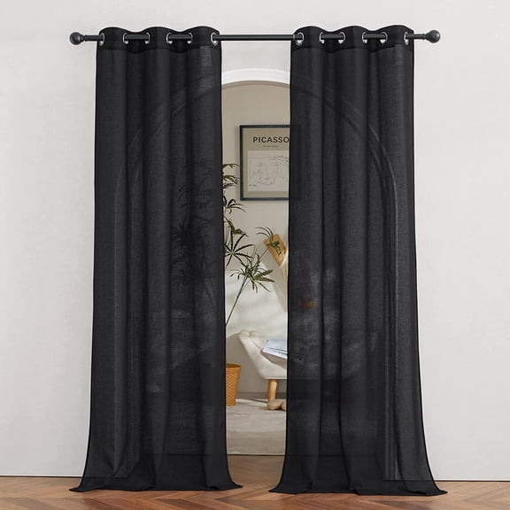 GDDPOD-Vintage Open Linen Weave Flax Sheer Window Curtains, Ring Top Translucent Drapes Privacy with Light Through for Bedroom/Living Room, Black, 36" Wide by 84" Long, 2 Pieces
