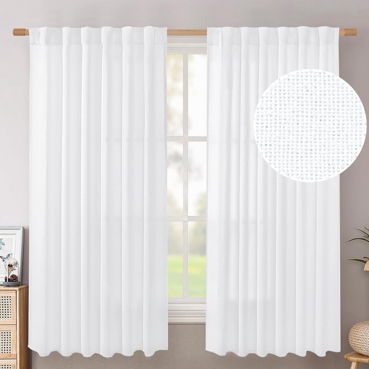 GDDPOD-White Linen Curtains 63 Inch Length 2 Panels - Rod Pocket Semi ...
