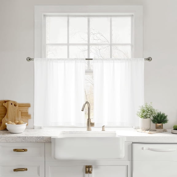 GDDPOD-White Semi Sheer Curtians for Small Curtains, Short Kitchen Bathroom Curtains 36 inches Long, Light Filtering Privacy Half Window Drapes, White, 42" W x 36" L, 2 Panels Set