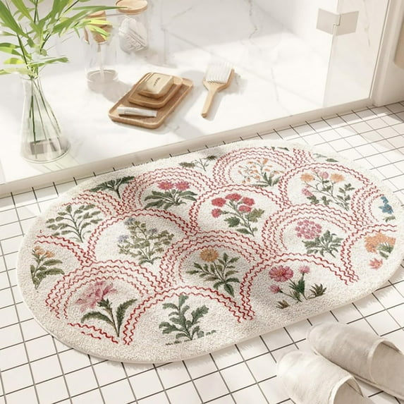 GDDTOY Ellipse Bathroom Rugs Spring Floral Print Absorbent Microfiber Rugs Non Slip Mats For Bathroom Floor Tub And Shower Home Decor Accessories Carpets Boo Door Mat Fast Drying Mats Washable Rug