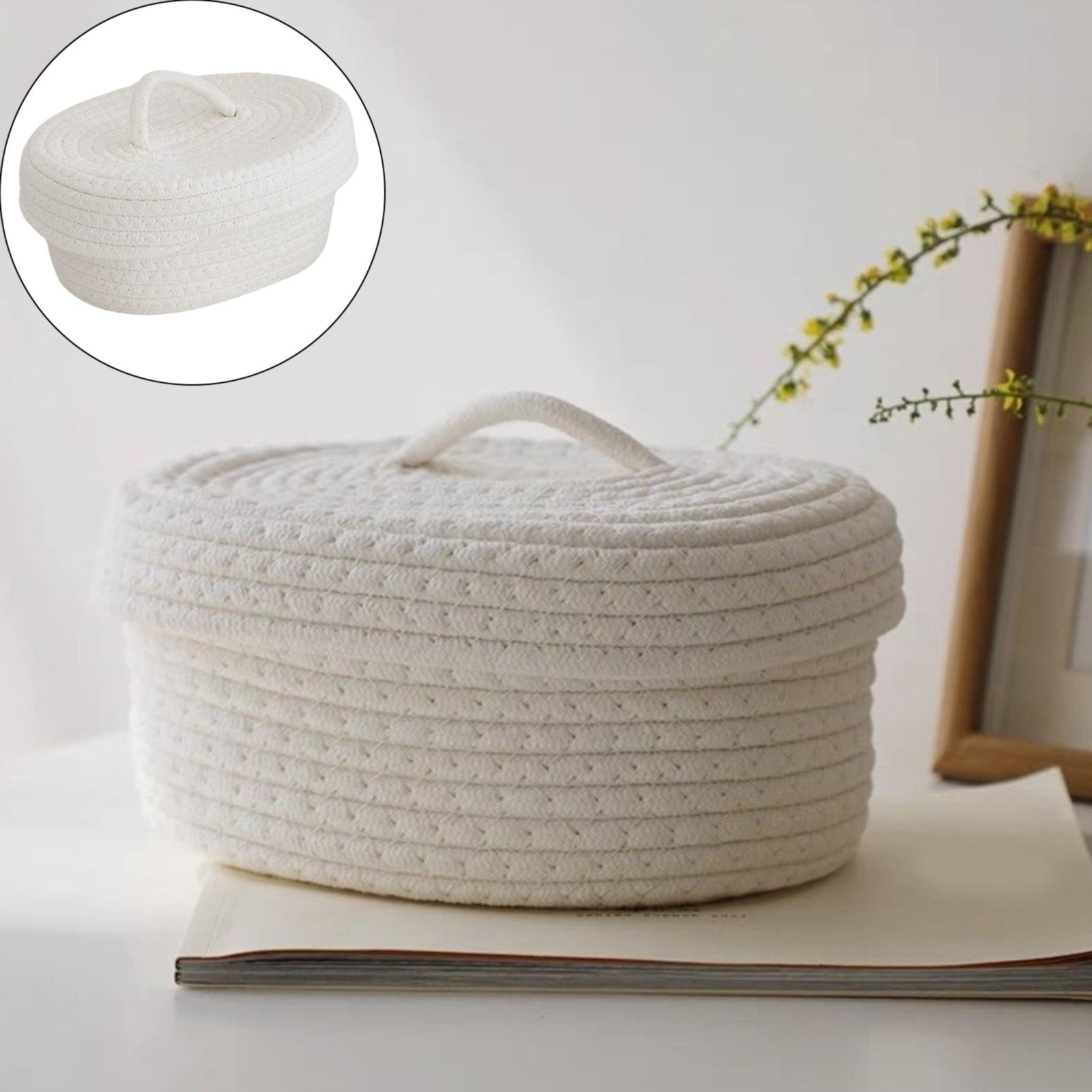 Large Woven Storage Basket With Lid - Natural White Laundry Hamper With Rope Handles, For Toys & Blankets