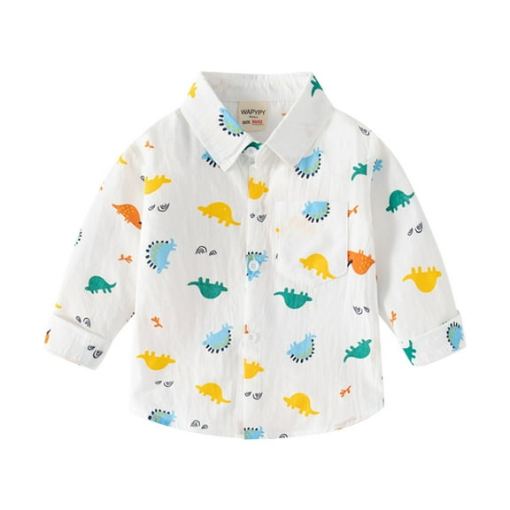 GDEGE Kids Boys Shirt Long Sleeves Cartoon Dinosaur Full Printed Lapel Button Down Baby Boys Shirts Tops with One Pocket