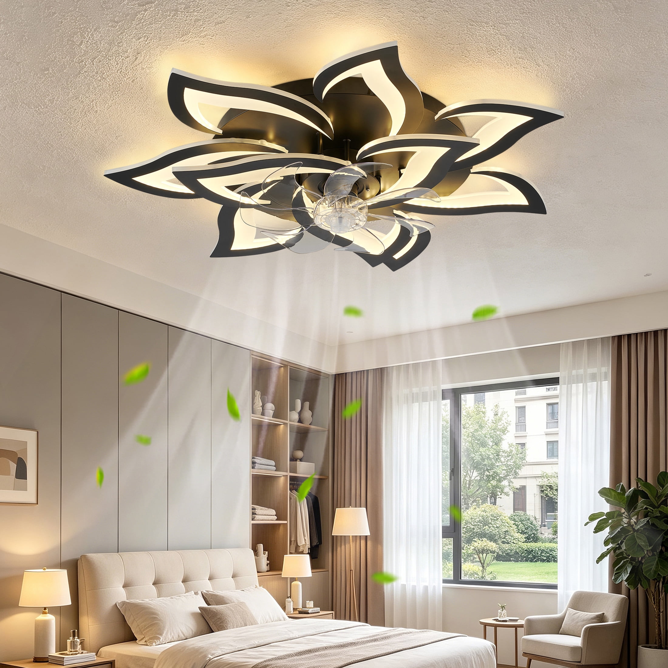 GDF Studio 10-Head Flower Modern Ceiling Fan with LED Lights & Remote Control, Low Profile Flush Mount Fandelier, Black
