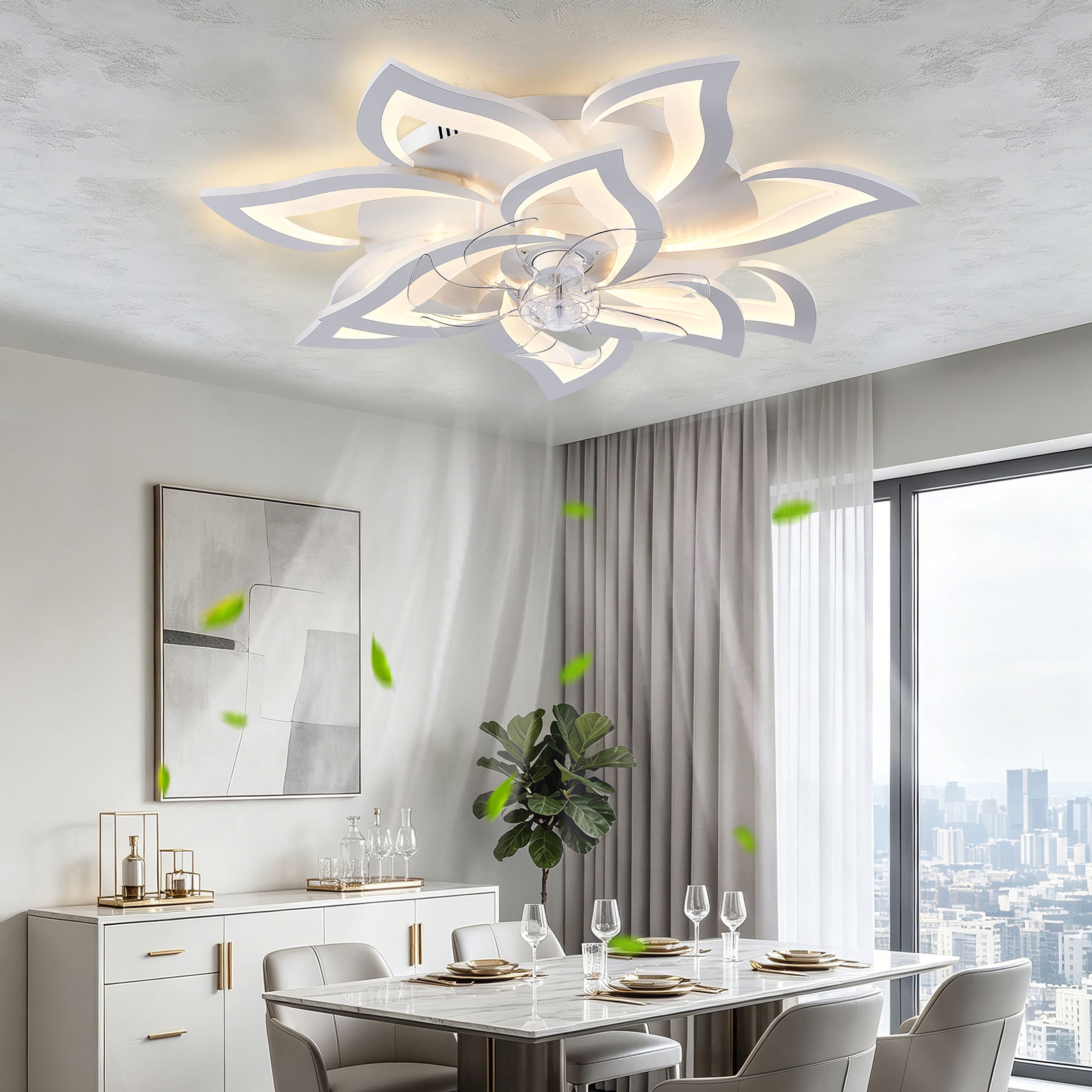 GDF Studio 10-Head Flower Modern Ceiling Fan with LED Lights & Remote Control, Low Profile Flush Mount Fandelier, White