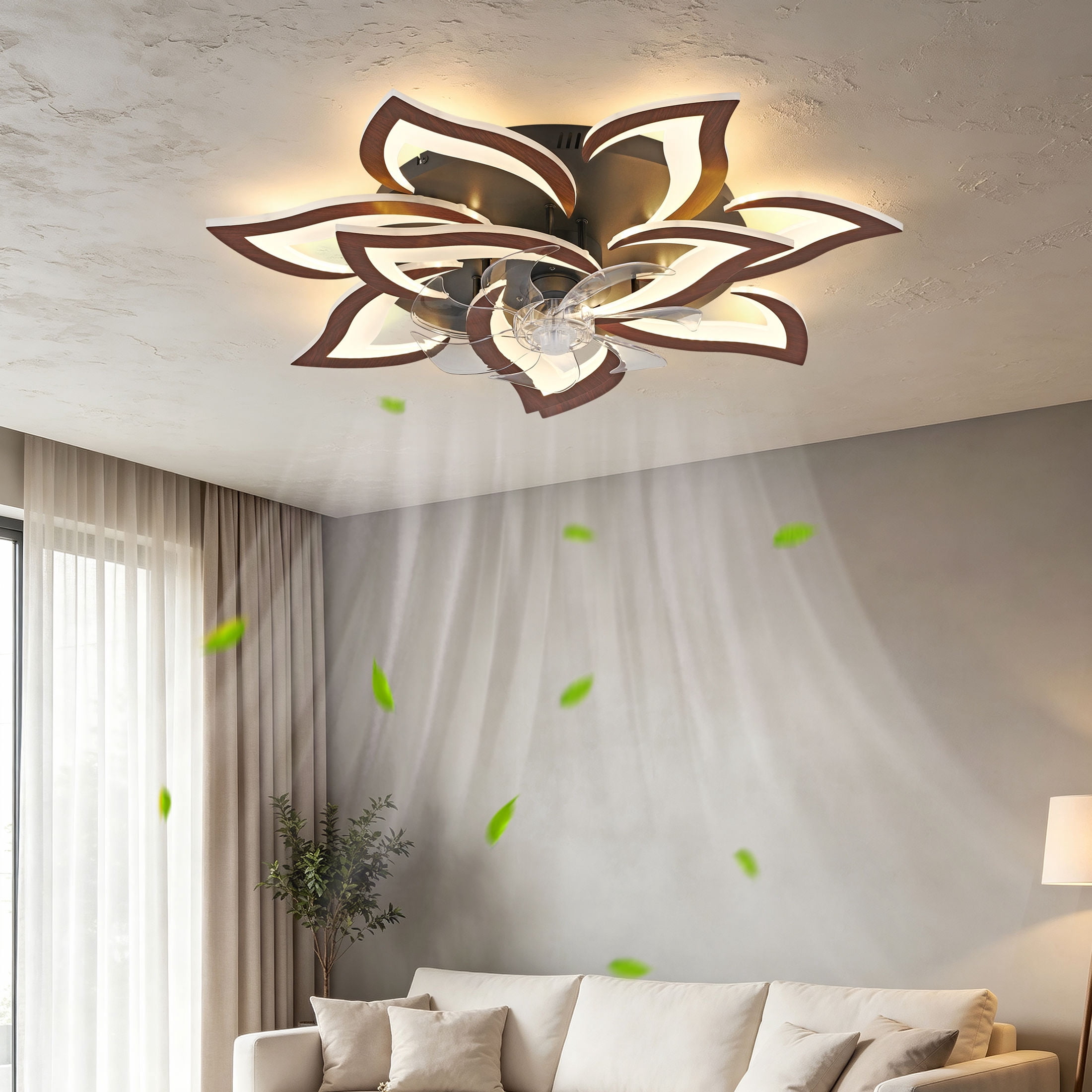 GDF Studio 10-Head Flower Modern Ceiling Fan with LED Lights & Remote Control, Low Profile Flush Mount Fandelier, Wood
