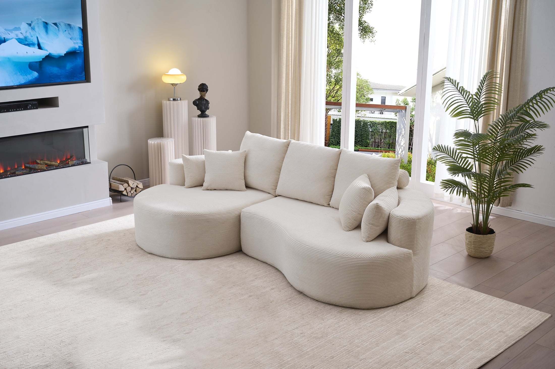 GDF Studio 106" Modern Curved Sectional Sofa Cloud Couch, 4 Seater Chaise Lounge with 7 Pillows, Grey
