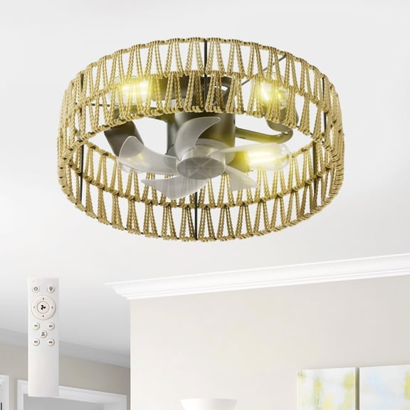 GDF Studio 11" Caged Flush Mount Ceiling Fan with 4-Light E26 Base, Remote Control, Natural