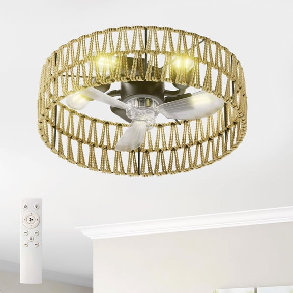GDF Studio 11" Caged Flush Mount Ceiling Fan with 5-Light E26 Base, Remote Control, Natural