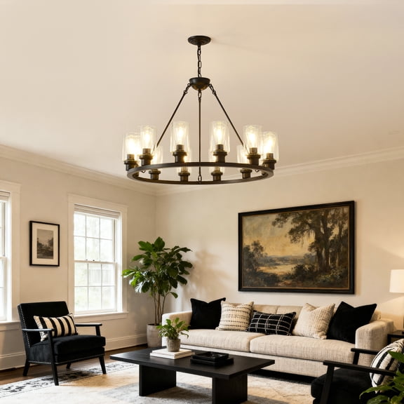 GDF Studio 12-Light Wagon Wheel Chandelier with Seeded Glass, Rustic Farmhouse Ceiling Light, Matte Black+Wood