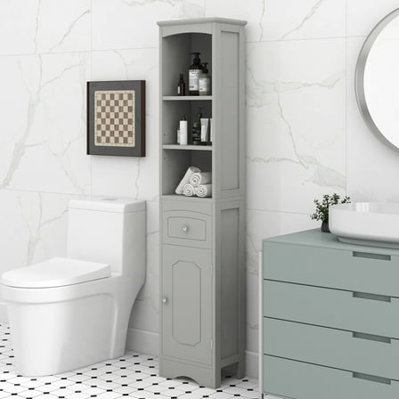 GDF Studio 13.4" Space-Saving Bathroom Cabinet, Storage Cabinet with Drawer and Adjustable Shelf, Gray