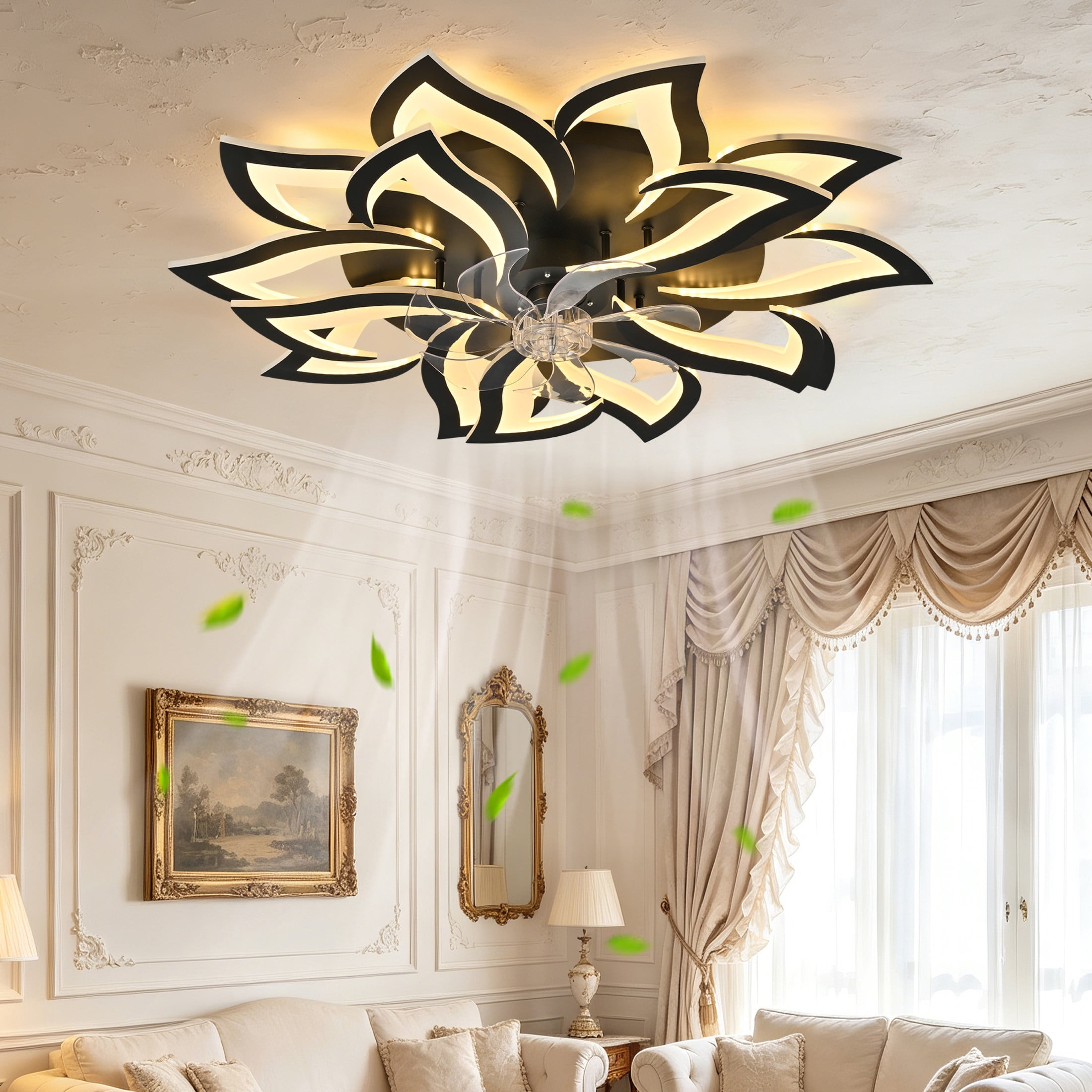 GDF Studio 15-Head Flower Modern Ceiling Fan with LED Lights & Remote Control, Low Profile Flush Mount Fandelier, Black