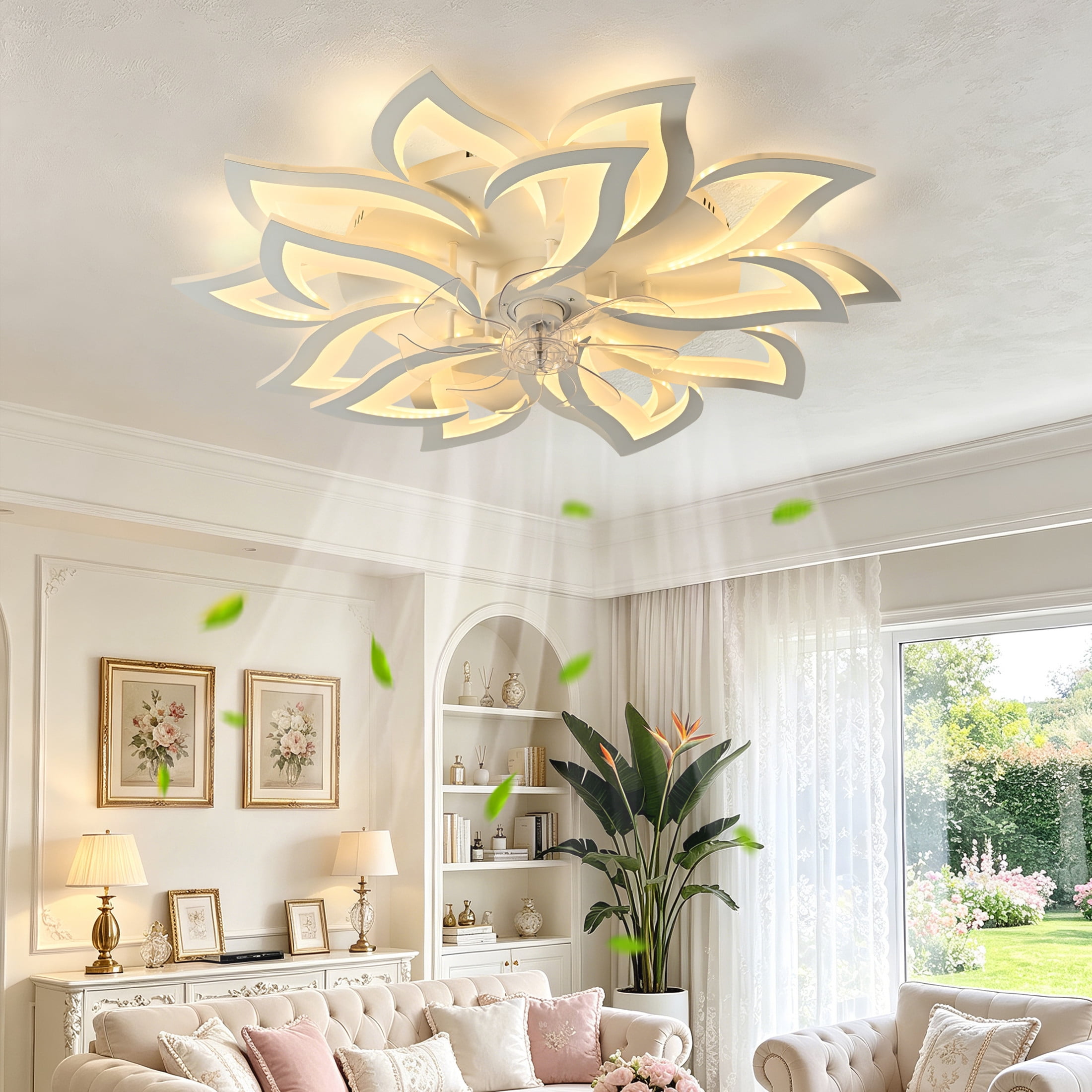 GDF Studio 15-Head Flower Modern Ceiling Fan with LED Lights & Remote Control, Low Profile Flush Mount Fandelier, White